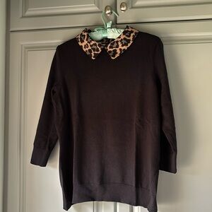 Talbots Black Sweater with Leopard Print Collar M with 3/4 sleeve